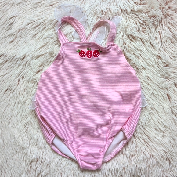 Big Fish by Sweet Potatoes One-piece Swimsuit Pink White Striped Embroidered 24m - Picture 1 of 7